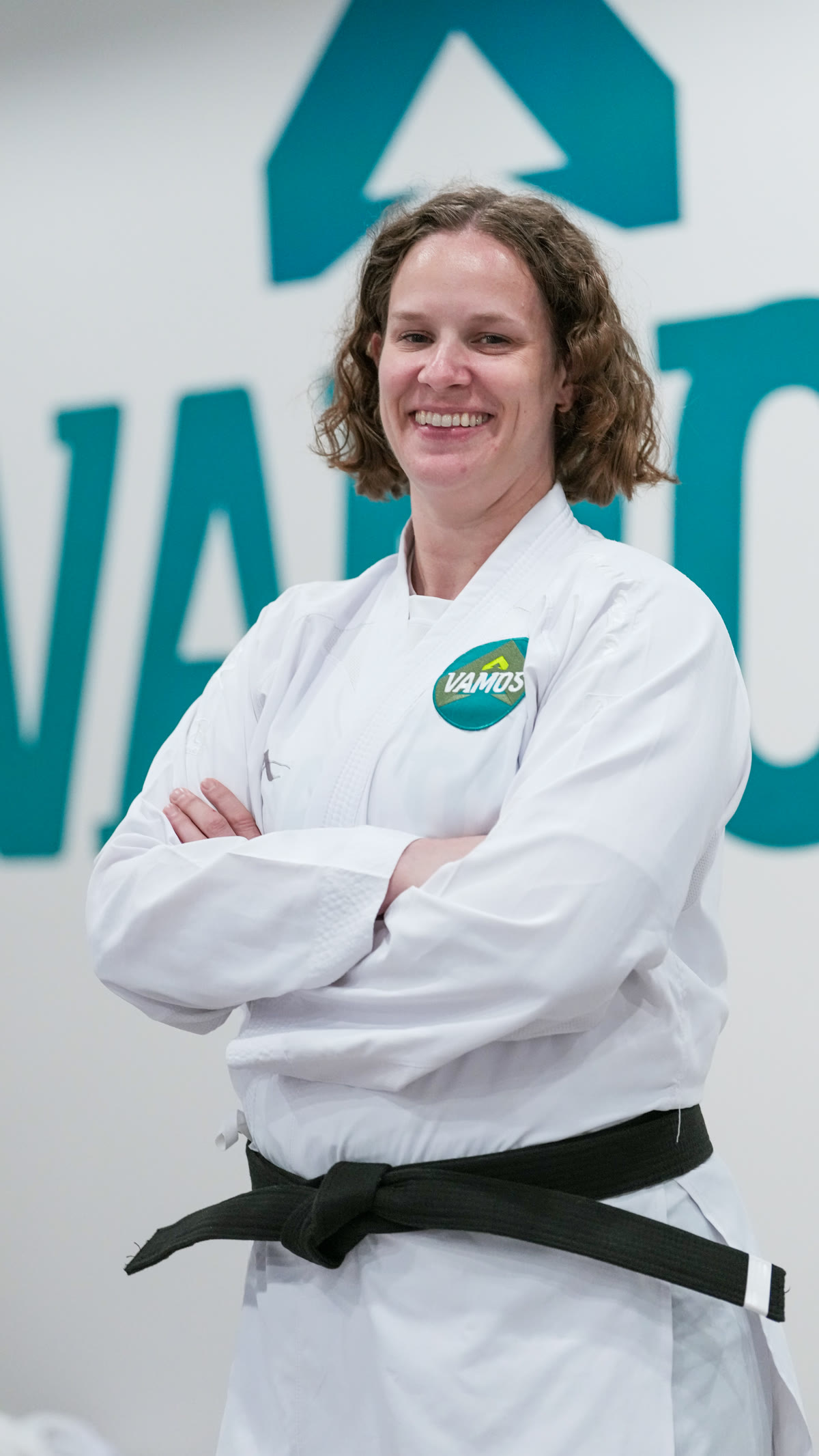 Coach Sarah Burnham in a Vamos karate gi
